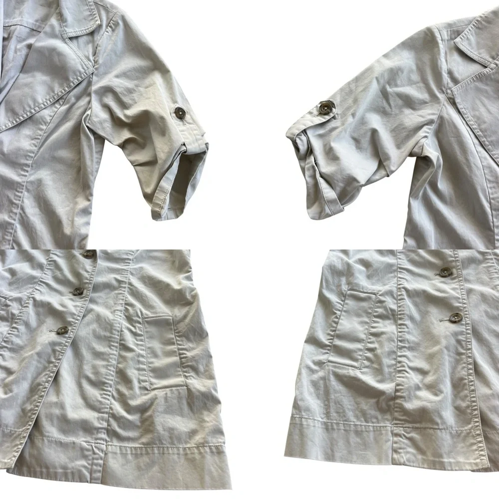 CAbi Women’s Size 0 Classic Tan Beige Sandy Short Sleeve Trench Coat Jacket #777